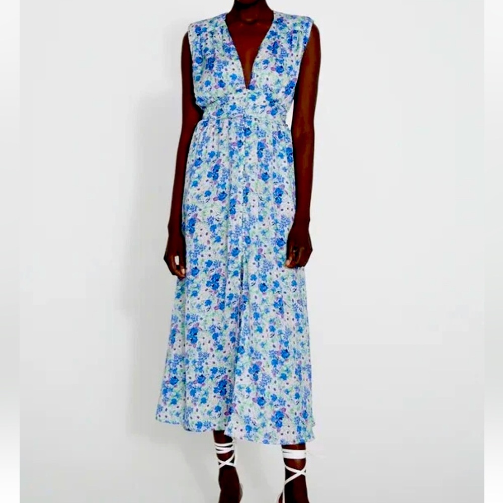 ZARA Floral Padded V-Neck Sleeveless Midi
Dress - Blue & Green - Size Large